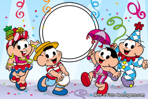 Mônica, Cebolinha, magali e cascão fantasiados no carnaval, confetes, serpentinas, moldura redonda e fundo azul.