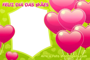 Balões formato coração rosa, frase 'feliz  dia das Mães', fundo verde.