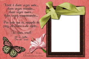 Mensagem pra vovó, borboleta, flor, moldura de porta retrato marrom com fita verde, fundo rosa.