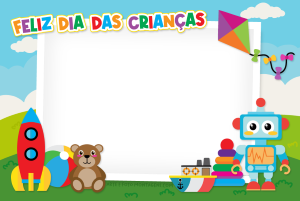 Brinquedos e frase 'Feliz dia da criança'.