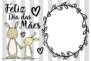 Coelhinhos, mamãe e filhote, texto preto 'feliz dia das mães', fundo listrado cinza claro.