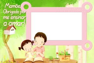 Menina estudando com a mãe, frase 'obrigada por me ensinar a amar'