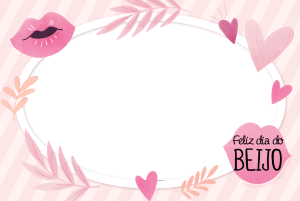 Bocas rosa, frase 'Feliz Dia do Beijo', corações, fundo rosa.