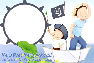 Pai brincando de navio pirata com filho, frase 'meu pai meu amigo'.