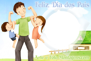Pai brincando com filhos, frase 'feliz dia dos pais'.