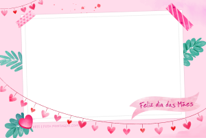 Varal de corações, frase 'Feliz Dia das Mães', fundo rosa claro.