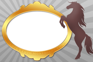 Cavalo marrom, moldura dourada oval.