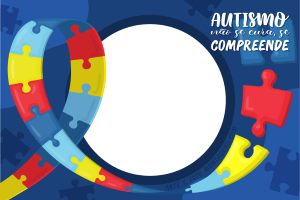 Peças quebra-cabeça coloridas (símbolo autismo), moldura redonda, fundo azul.