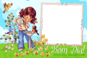 menina alimentando pássaros, frase 'Bom Dia'.