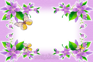 Borboletas amarelas, flores lilás, fundo lilás claro.