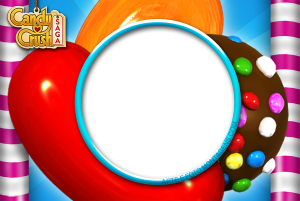 Doces Candy Crush, moldura azul redonda.