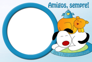 Cãozinho, gatinho, passarinho, moldura redonda e fundo azul.