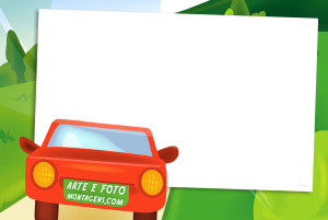 Carro vermelho, fundo paisagem verde.