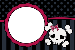 Caveira, moldura rosa, estilo rock, fundo preto.