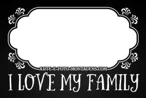 Desenhos giz, moldura lousa preta, texto 'i love my Family'.