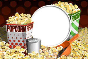 Pipoca, moldura cinema, fundo vermelho.