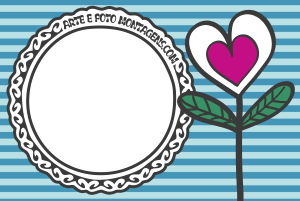Flor formato coração, moldura pétalas, fundo azul listrado.