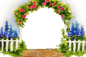 Flores, jardim, cerca, arco, moldura treliça, cerca branca, fundo céu.
