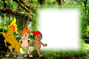Personagens folclore (Mula sem cabeça, Saci, Curupira), fundo mata.