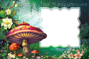 Cogumelo casa, fundo floresta mágica.