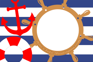 Navio, âncora, timão, fundo listrado.