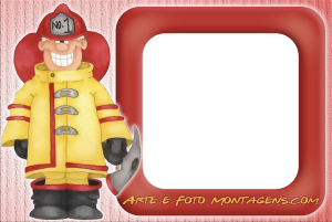 Bombeiro, capacete, moldura vermelha.