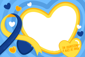 Símbolo Síndrome Down, moldura de coração amarelo, fundo azul.
