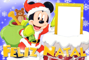 Mickey Mouse Papai Noel, chaminé, presentes, moldura retangular, fundo neve noite.