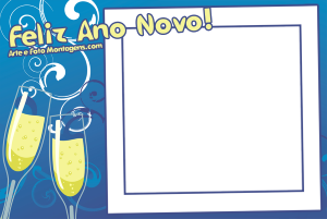Duas taças champanhe brindando, moldura quadrada branca, fundo azul.