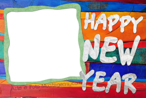 Texto 'Happy New Year', balões dourados, confetes, moldura retangular, fundo preto.
