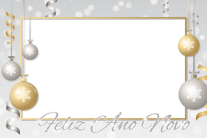 frase 'feliz ano novo', moldura dourada fundo prata.