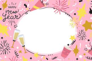 Decoração Ano Novo rosa, frase 'happy new year', moldura oval, fundo rosa.