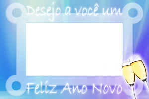 frase 'desejo a você felliz ano novo', champanhe, taças, moldura retangular, fundo azul e lilas.