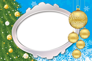 Árvore Natal, bolas douradas, presentes, moldura oval prata, fundo azul claro.