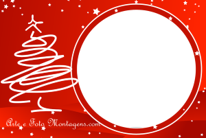Árvore Natal branca, moldura circular, fundo vermelho.
