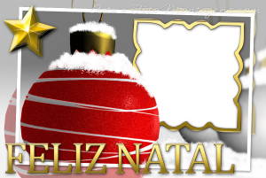 Bola Natal vermelha, estrela dourada, moldura dourada.
