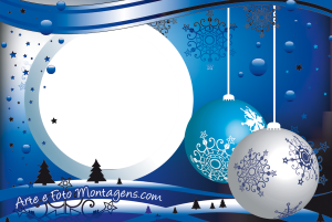 Bolas Natal azul e branca, cenario noite com neve, moldura redonda, fundo azul.