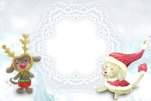Cachorrinhos gorro Papai Noel e orelha de rena, moldura oval, fundo neve.