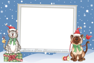 Gatinho e cachorrinho Natal, gorros, presentes, moldura retangular, fundo noite neve.