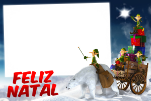 Gnomos Natal, treno, presentes, moldura retangular, fundo noite estrelada.