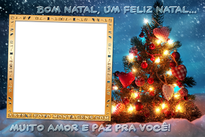 Árvore Natal luzes, neve, frase 'Bom Natal', moldura retangular, fundo noite.