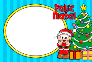 cebolinha vestido de papai noel, arvore de natal com presentes, moldura oval amarela, fundo azul claro listrado.