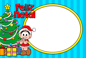 Mônica vestida de mamae noel, arvore de natal com presentes, moldura oval amarela, fundo azul claro listrado.