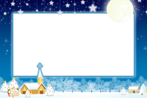cenario de cidade em noite de natal, lua, moldura, fundo céu noturno estrelado.