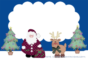 Papai Noel com rena, moldura nuvem, fundo azul escuro.