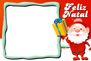 Papai Noel entregando presente, moldura retangular verde claro, fundo vermelho.