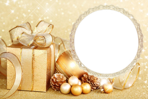 Presentes Natal dourados, laços, moldura redonda, fundo dourado.
