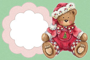 Ursinho pelúcia, gorro Papai Noel, moldura de flor rosa, fundo verde.