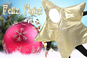 fantasia de estrela dourada, bola rosa frase'feliz natal'.