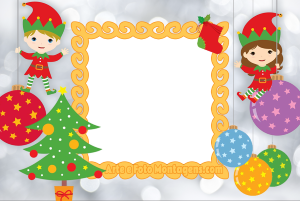 Gnomos Natal, moldura retangular dourada, fundo neve.